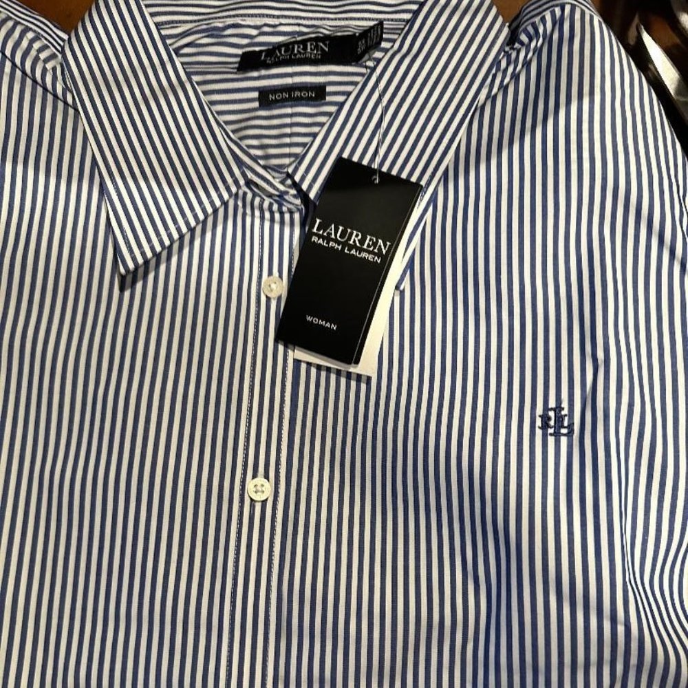Women's Ralph Lauren Blue and White Pin-Stripped Blouse Size 3X New With Tags